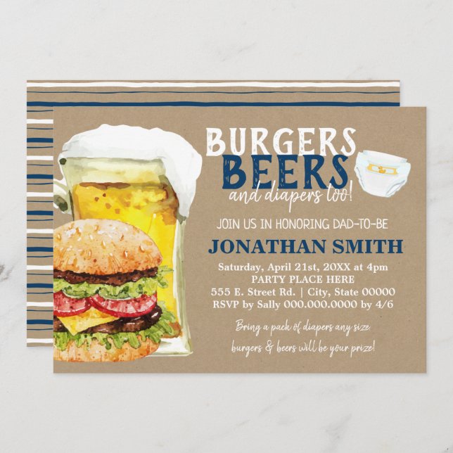 Burgare, öl och blöjor också pappa att bli dusch inbjudningar (Fram/baksida)