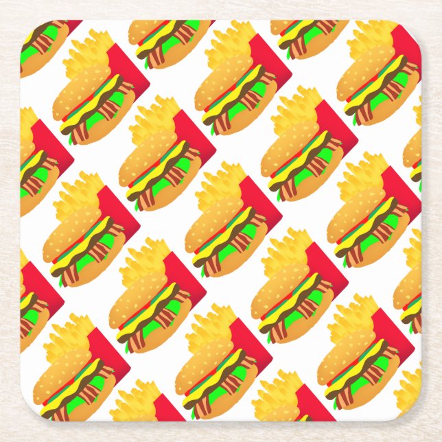 Burger and Fries Underlägg Papper Kvadrat (Framsidan)