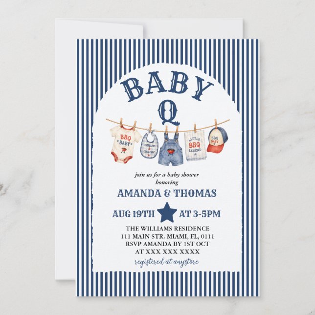 Burger Baby-Q Blå Pojke Barnkalas Inbjudningar (Framsida)