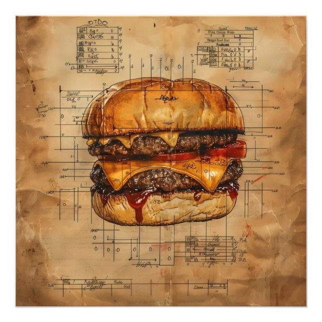 Burger Blueprint Vintage Fototryck (Framsidan)