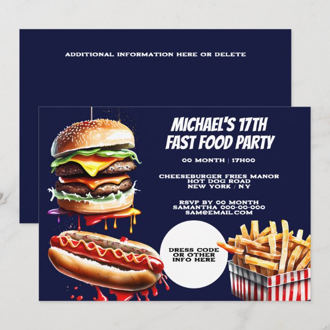Burger fries hotdog snabbmat party blå inbjudningar (Fram/baksida)
