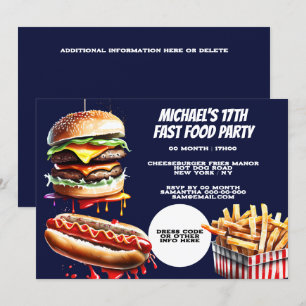 Burger fries hotdog snabbmat party blå inbjudningar