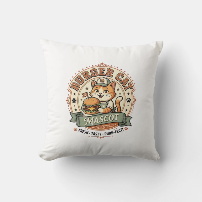 Burger Katt Maskot Katt Snabbmat Maskot Katt Vinta Kudde (Framsida)