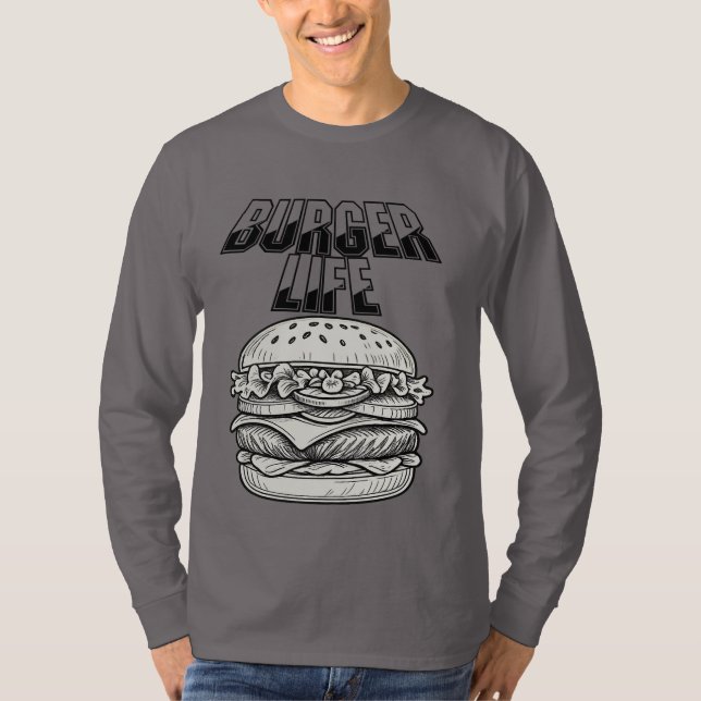 Burger Life T-Shirt - Retro Line Art Cheeseburger (Framsida)