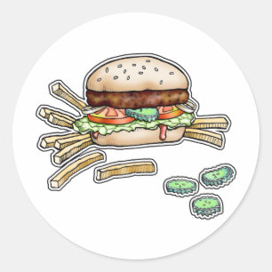 BURGER OCH FRIES STICKER RUNT KLISTERMÄRKE