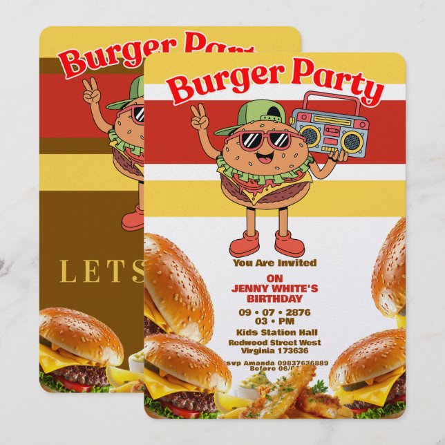 Burger Party Themed Invitation Inbjudningar (Fram/baksida)