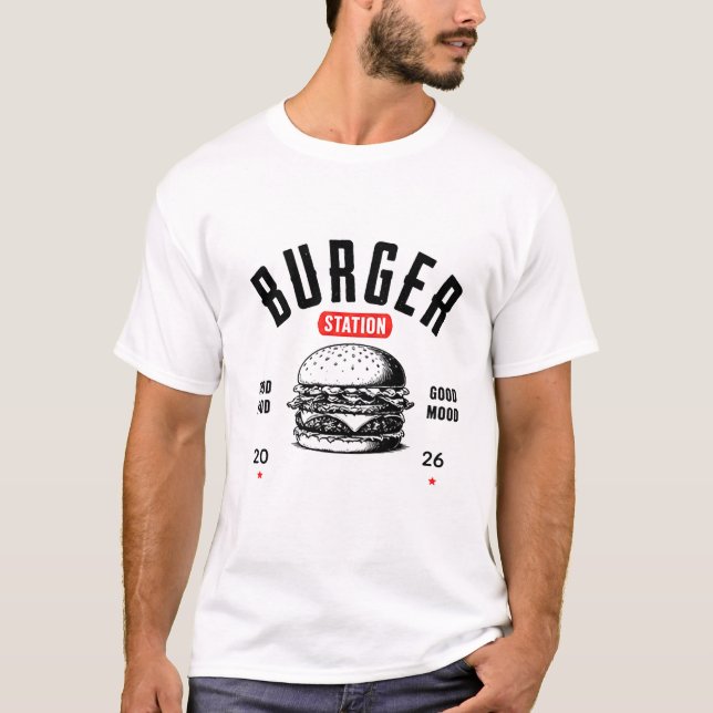 🍔 Burger Station Minimal Restaurang Personalunifo T Shirt (Framsida)