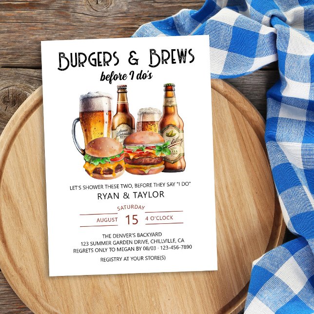Burgers and Brews Summer BBQ-Möhippa Inbjudningar (Burgers & Brews before I do shower invitation with beer and burgers)