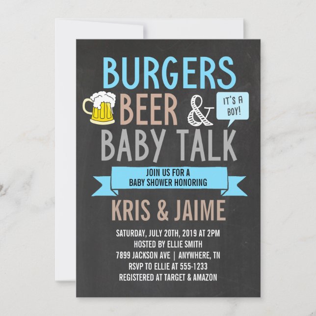 Burgers Beer & Baby Talk Boy Shower Inbjudningar (Framsida)