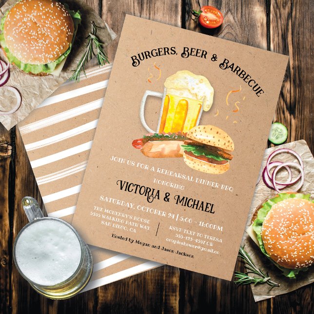 Burgers Beer och Barbecue Rehearsal Dinner Kraft Inbjudningar (Skapare uppladdad)