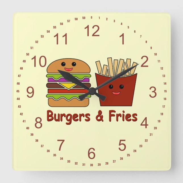 Burgers & Fries Fyrkantig Klocka (Framsida)