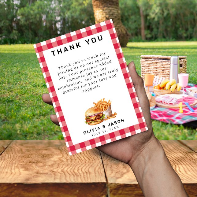 Burgers & Fries Picnic Möhippa Tack Kort (Burgers & Fries Picnic Wedding Shower Thank You Card
)