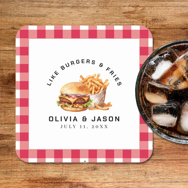 Burgers & Fries Picnic Möhippa Underlägg Papper Kvadrat (Burgers & Fries Picnic Wedding Shower Square Paper Coaster
)