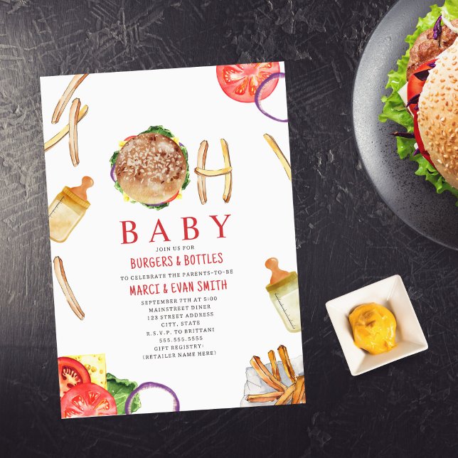 Burgers och Flaskor Hamburger Oh Baby Shower Inbjudningar (Skapare uppladdad)