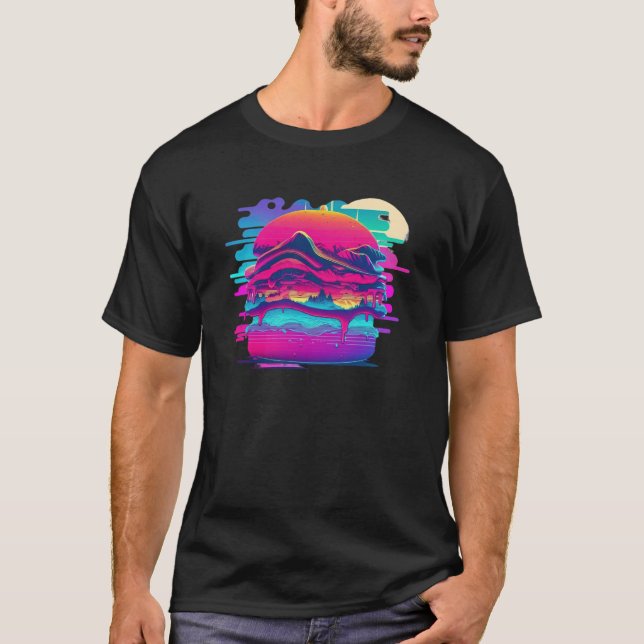 Burgers Synthwave 80s Retrowave Aesthetic T Shirt (Framsida)
