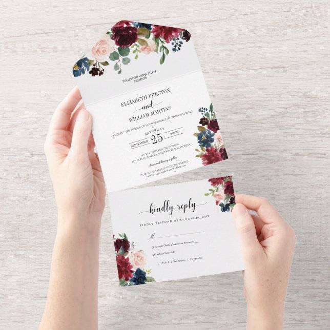 Burgund Blommande Grönska Blad Bröllop med RSVP (Avrivbar del)