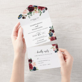 Burgund Blommande Grönska Blad Bröllop med RSVP