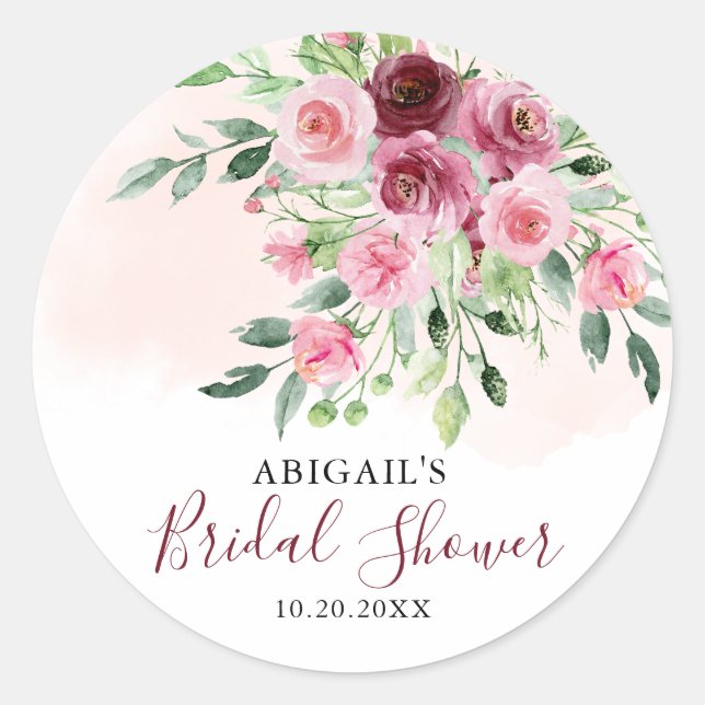 Burgund Blommig Bröllopsfest Runt Klistermärke (Framsida)