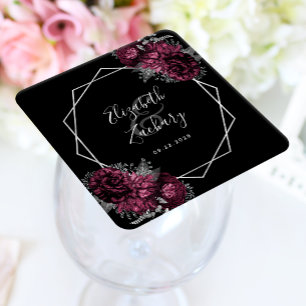 Burgund Blommig Silver Geometrisk Svart Bröllop Underlägg Papper Kvadrat