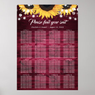 Burgund Blomster Solros Bröllops Bord Plan 16 Affi Poster