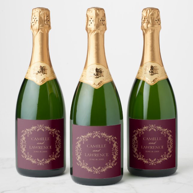 Burgund Champagne Toile Blommig Ram Bröllop (Flaskor)