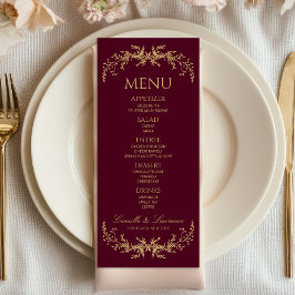 Burgund Champagne Toile Blommig Ram Bröllop Meny