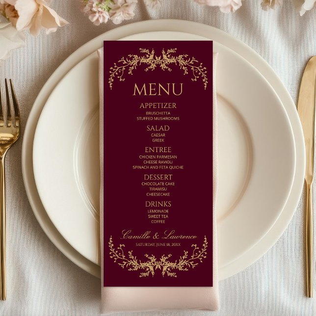 Burgund Champagne Toile Blommig Ram Bröllop Meny (Skapare uppladdad)