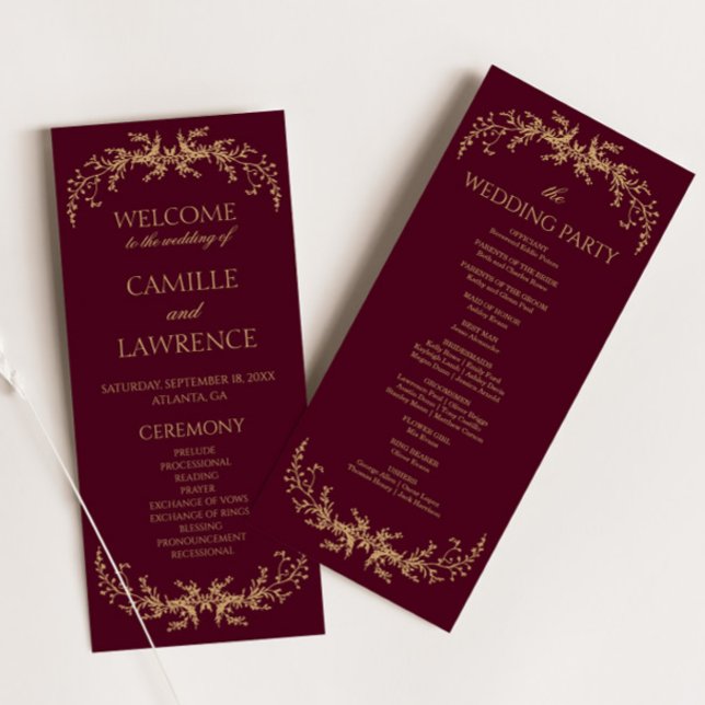 Burgund Champagne Toile Blommig Ram Bröllop Program (Skapare uppladdad)