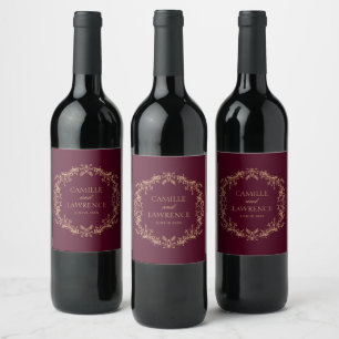 Burgund Champagne Toile Blommig Ram Bröllop Vinflaska Etikett