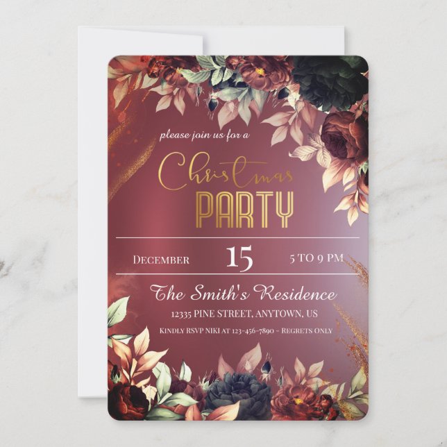 Burgund Elegant-blommor, Magic Julreinder Inbjudningar (Framsida)