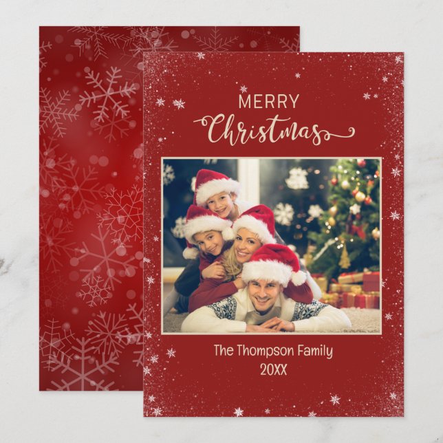 Burgund familjefoto snöflinga platt julkort (Fram/baksida)