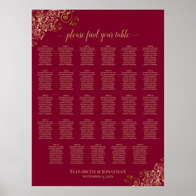Burgund & Guld Elegant 29 Bordsitsplan Poster (Framsidan)