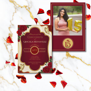 Burgund & Guld Quinceañera Fotoinbjudan Inbjudningar