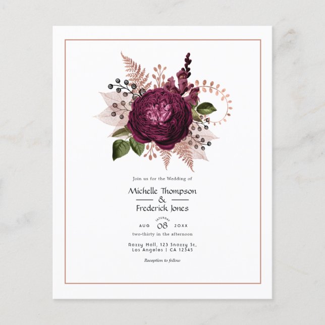 Burgund - Marsala och Rose Gold Blommig Bröllop Flygblad (Framsidan)