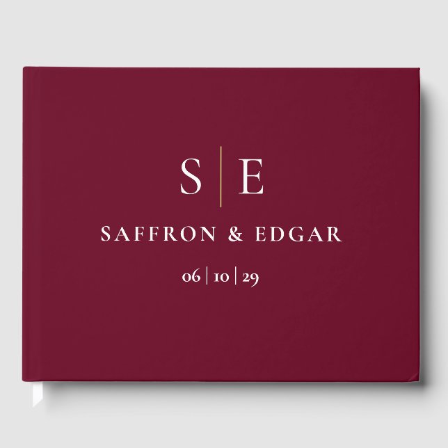 Burgund och guldmonogram bröllop gästböcker (Framsida)