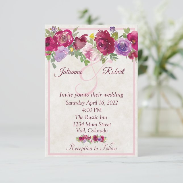 Burgund och lila blommig budget bröllopsinbjudan inbjudningar (Stående Fram)