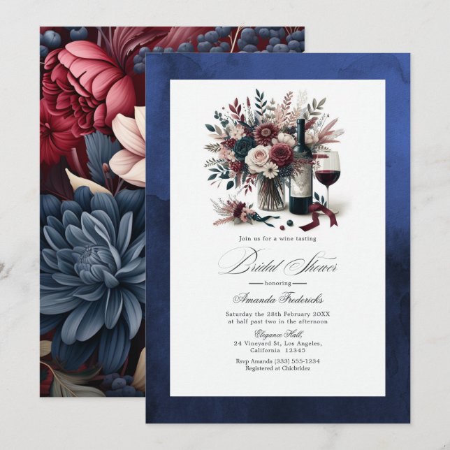 Burgund och marin blomster vin boho bröllopsdusch inbjudningar (Fram/baksida)