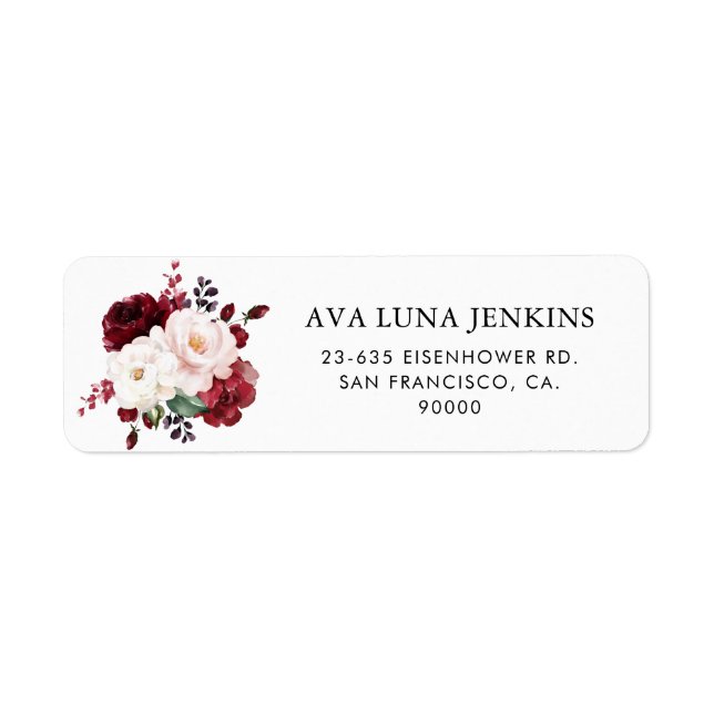 Burgund och rosablommig returadress etikett (Framsidan)