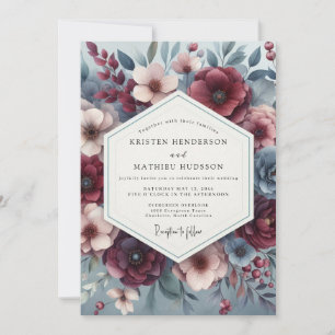 Burgund och skiffer Poetisk blomning bröllop Inbjudningar