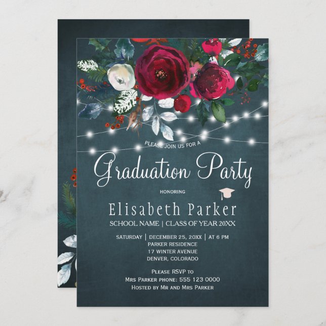 Burgundär studentfest för elegant av vinter-blommi inbjudningar (Fram/baksida)