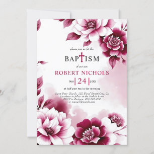 Burgundblommor, vattenfärg tvättar flicka Baptism Inbjudningar