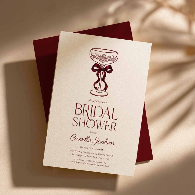 Burgundbröllopsduschinbjudan med snören inbjudningar (Burgundy Bow Bridal Shower Invitation)