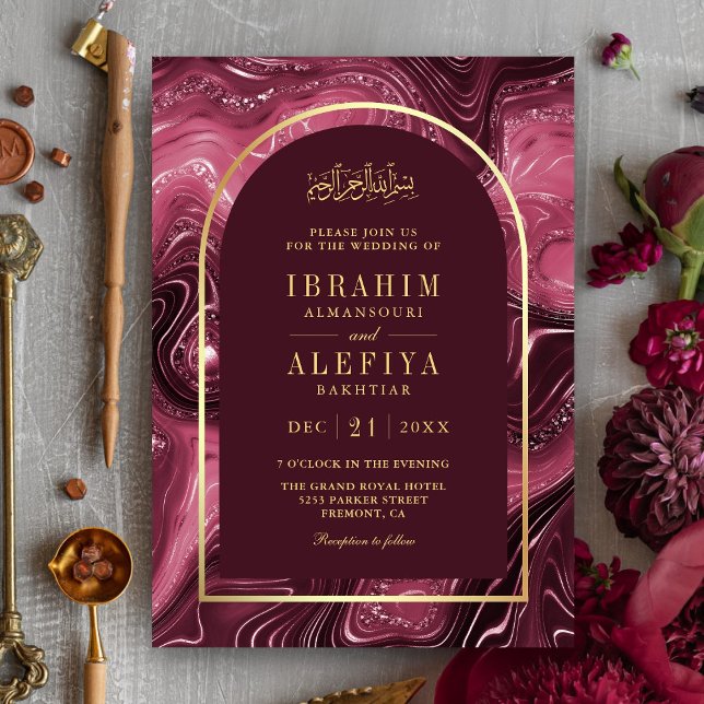 Burgunder Agat Marmor Båge Muslim Bröllop Inbjudningar (Skapare uppladdad)