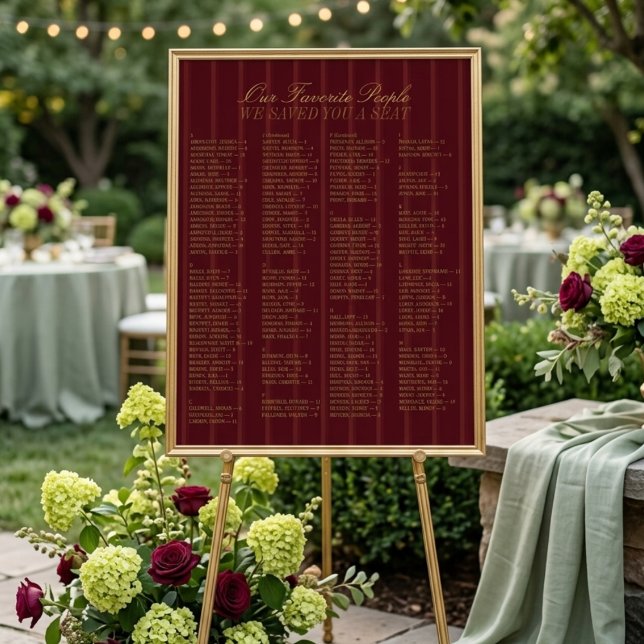 Burgunder Alfabetisk Bröllopsställningskarta Poster (Burgundy Alphabetical Wedding Seating Chart)