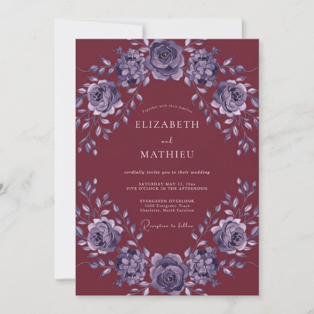 Burgunder Amethyst Kronblad Bröllop Inbjudningar (Framsida)