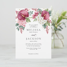 Burgunder Anthurium och Hydrangea Bröllop Inbjudningar