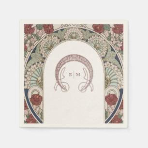 Burgunder Art Nouveau Monogram Initialer Marinblå Pappersservett