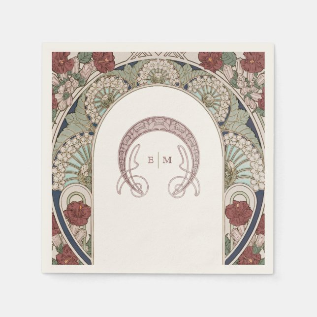 Burgunder Art Nouveau Monogram Initialer Marinblå Pappersservett (Framsidan)