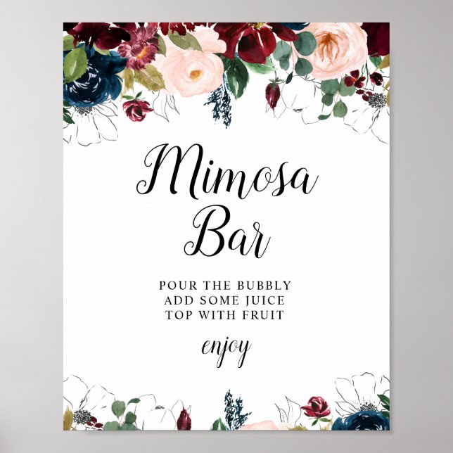 burgunder blommande bröllopsdusch mimosa bardskylt poster (Framsidan)
