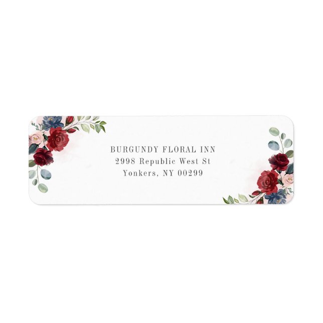 Burgunder Blommig Akvarell Returadress Etikett (Framsidan)
